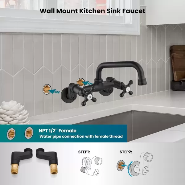 imagegotonovo Wall Mount Kitchen Faucet Matte Black Double Cross Handle Commercial 3 Inch to 9 Inch Adjustable Spread Mixer Tap with 9 inch Spout ReachMatte Black