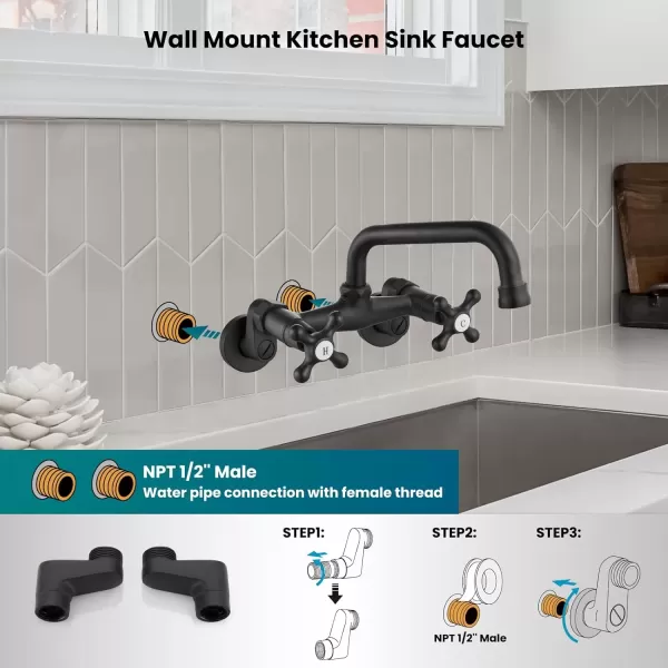 imagegotonovo Wall Mount Kitchen Faucet Matte Black Double Cross Handle Commercial 3 Inch to 9 Inch Adjustable Spread Mixer Tap with 9 inch Spout ReachMatte Black
