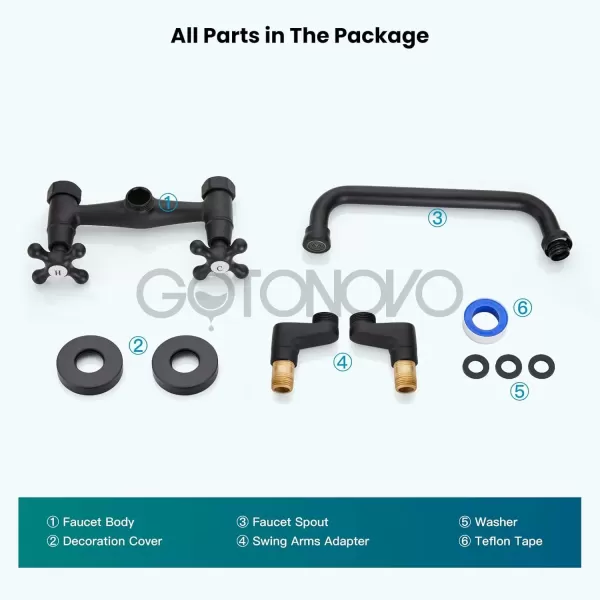 imagegotonovo Wall Mount Kitchen Faucet Matte Black Double Cross Handle Commercial 3 Inch to 9 Inch Adjustable Spread Mixer Tap with 9 inch Spout ReachMatte Black