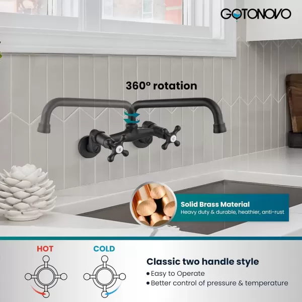 imagegotonovo Wall Mount Kitchen Faucet Matte Black Double Cross Handle Commercial 3 Inch to 9 Inch Adjustable Spread Mixer Tap with 9 inch Spout ReachMatte Black
