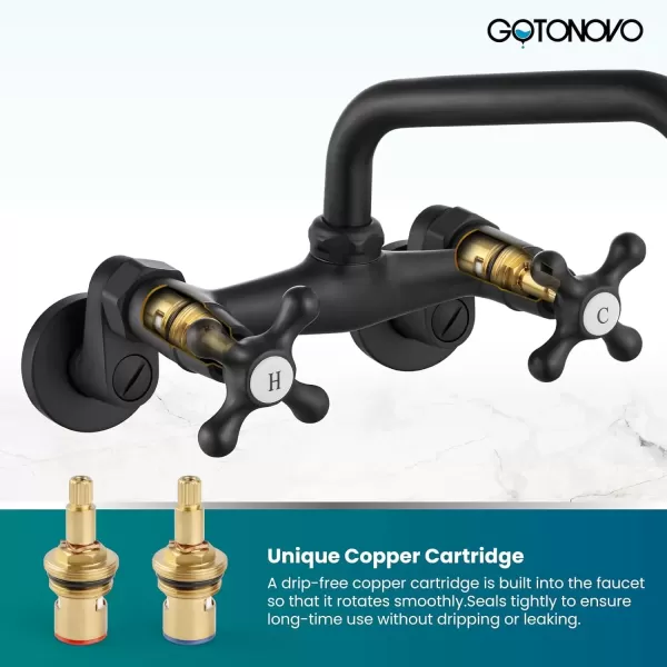 imagegotonovo Wall Mount Kitchen Faucet Matte Black Double Cross Handle Commercial 3 Inch to 9 Inch Adjustable Spread Mixer Tap with 9 inch Spout ReachMatte Black