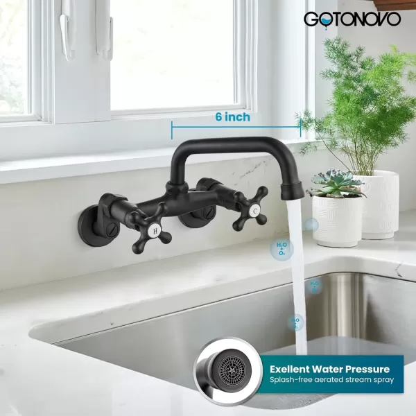 imagegotonovo Wall Mount Kitchen Faucet Matte Black Double Cross Handle Commercial 3 Inch to 9 Inch Adjustable Spread Mixer Tap with 9 inch Spout ReachMatte Black