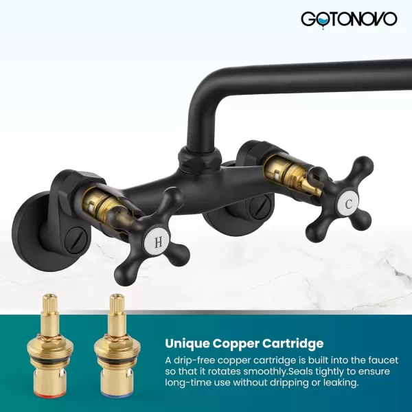 imagegotonovo Wall Mount Kitchen Faucet Matte Black Double Cross Handle Commercial 3 Inch to 9 Inch Adjustable Spread Mixer Tap with 9 inch Spout ReachMatte Black