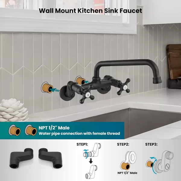 imagegotonovo Wall Mount Kitchen Faucet Matte Black Double Cross Handle Commercial 3 Inch to 9 Inch Adjustable Spread Mixer Tap with 9 inch Spout ReachMatte Black