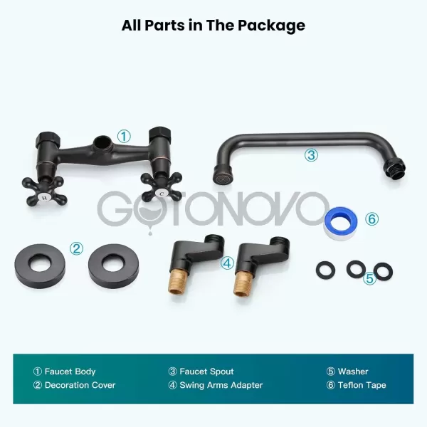 imagegotonovo Wall Mount Kitchen Faucet Matte Black Double Cross Handle Commercial 3 Inch to 9 Inch Adjustable Spread Mixer Tap with 9 inch Spout ReachOil Rubbed Bronze