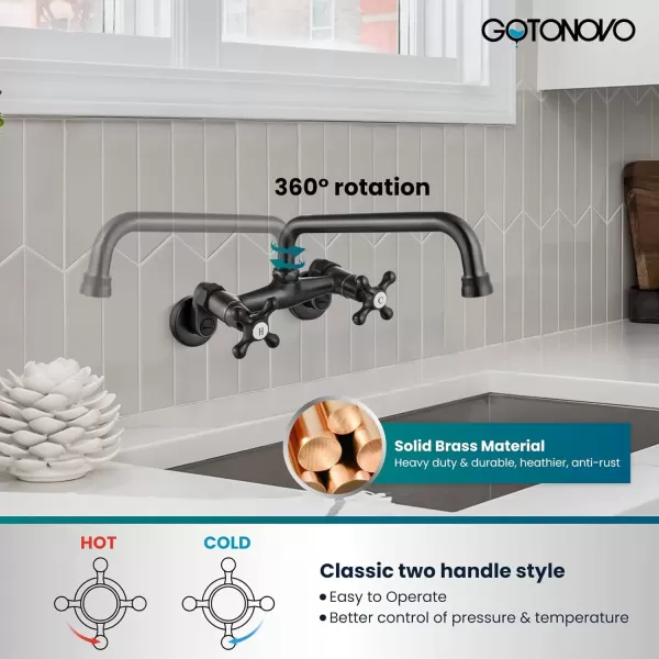 imagegotonovo Wall Mount Kitchen Faucet Matte Black Double Cross Handle Commercial 3 Inch to 9 Inch Adjustable Spread Mixer Tap with 9 inch Spout ReachOil Rubbed Bronze