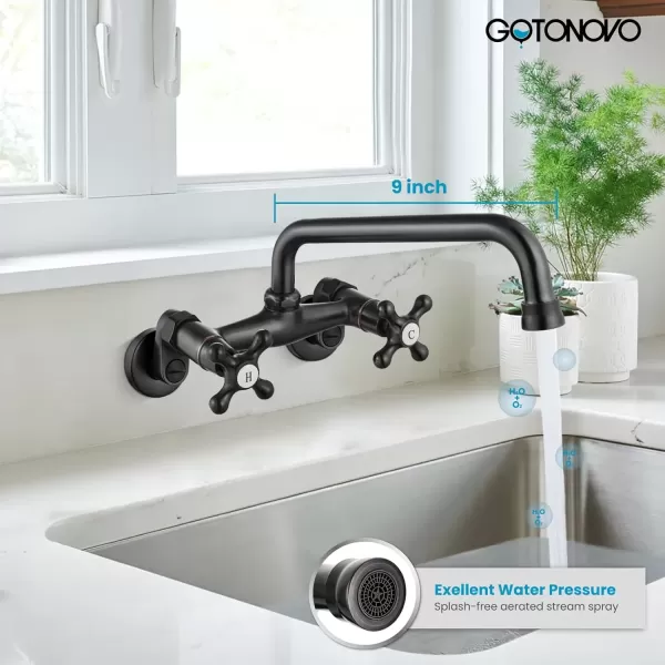 imagegotonovo Wall Mount Kitchen Faucet Matte Black Double Cross Handle Commercial 3 Inch to 9 Inch Adjustable Spread Mixer Tap with 9 inch Spout ReachOil Rubbed Bronze