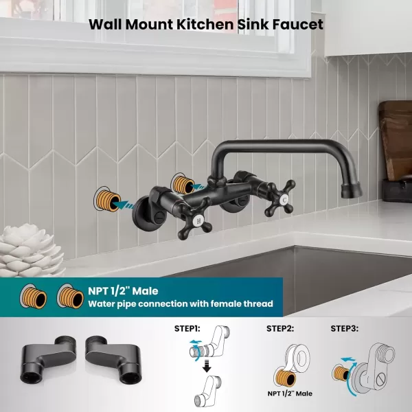 imagegotonovo Wall Mount Kitchen Faucet Matte Black Double Cross Handle Commercial 3 Inch to 9 Inch Adjustable Spread Mixer Tap with 9 inch Spout ReachOil Rubbed Bronze
