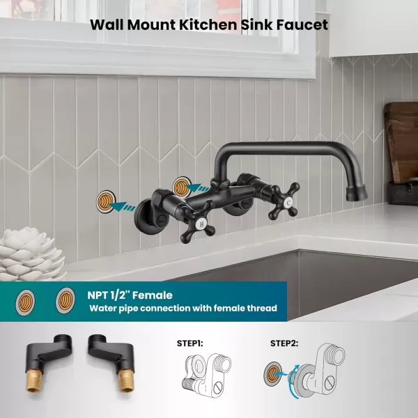 imagegotonovo Wall Mount Kitchen Faucet Matte Black Double Cross Handle Commercial 3 Inch to 9 Inch Adjustable Spread Mixer Tap with 9 inch Spout ReachOil Rubbed Bronze