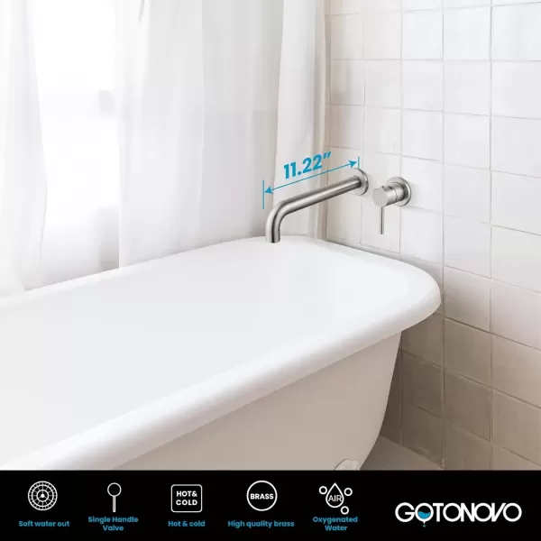 imagegotonovo Wall Mounted Bathroom Tub FillerBathtub Faucet with Extra Long Spout Solid Brass Contemporary Single Lever Handle with Rough in Valve Brushed NickelBrushed Nickel
