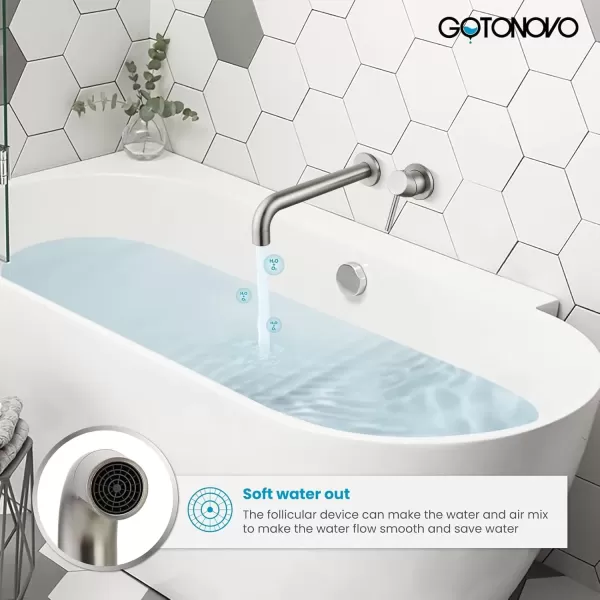 imagegotonovo Wall Mounted Bathroom Tub FillerBathtub Faucet with Extra Long Spout Solid Brass Contemporary Single Lever Handle with Rough in Valve Brushed NickelBrushed Nickel