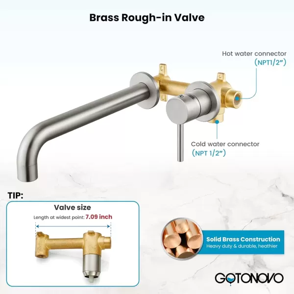 imagegotonovo Wall Mounted Bathroom Tub FillerBathtub Faucet with Extra Long Spout Solid Brass Contemporary Single Lever Handle with Rough in Valve Brushed NickelBrushed Nickel
