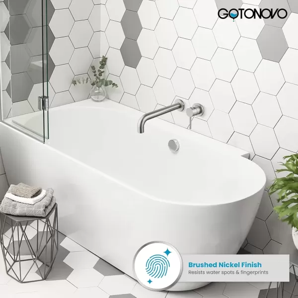 imagegotonovo Wall Mounted Bathroom Tub FillerBathtub Faucet with Extra Long Spout Solid Brass Contemporary Single Lever Handle with Rough in Valve Brushed NickelBrushed Nickel