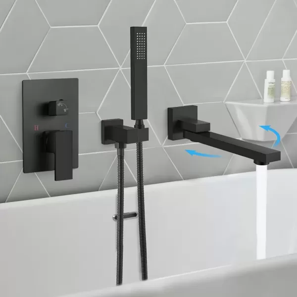 imagegotonovo Wall Mounted Bathtub Faucet with Hand Held Sprayer and Swivel Tub Filler Dual Functions Single Handle Bathroom Shower System Mixer for Tub RoughIn Valve Included Matte BlackMatte Black