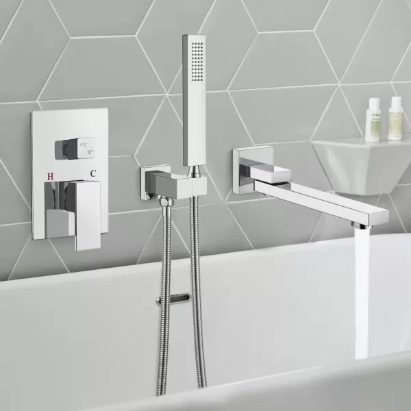 imagegotonovo Wall Mounted Bathtub Faucet with Hand Held Sprayer and Swivel Tub Filler Dual Functions Single Handle Bathroom Shower System Mixer for Tub RoughIn Valve Included Matte BlackPolished Chrome