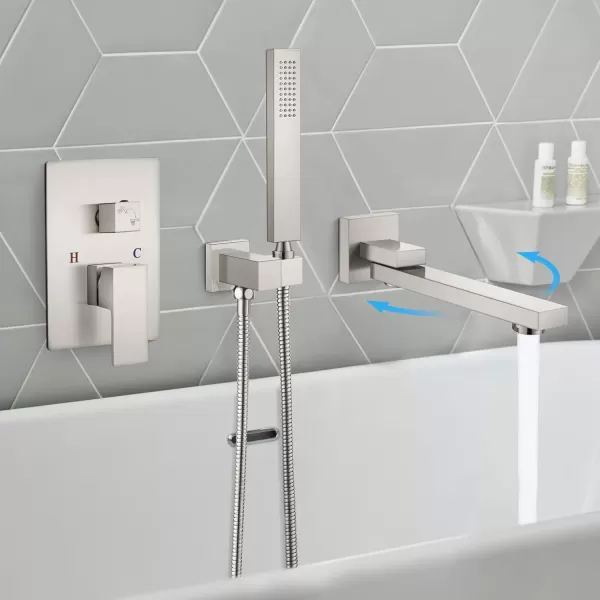 imagegotonovo Wall Mounted Bathtub Faucet with Hand Held Sprayer and Swivel Tub Filler Dual Functions Single Handle Bathroom Shower System Mixer for Tub RoughIn Valve Included Matte BlackBrushed Nickel