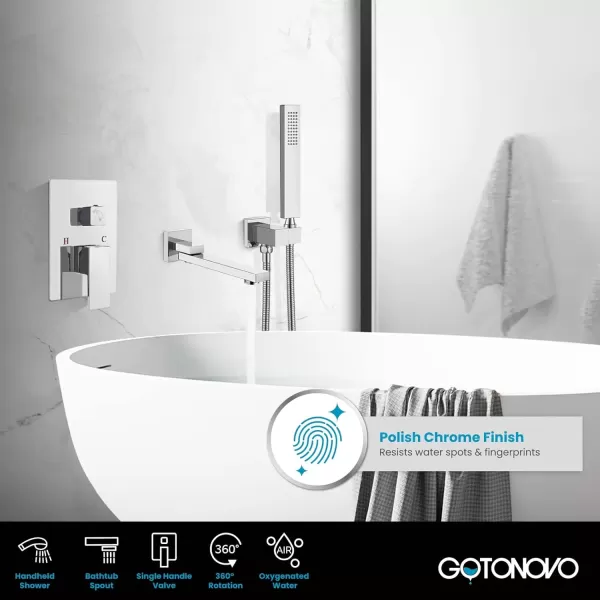imagegotonovo Wall Mounted Bathtub Faucet with Hand Held Sprayer and Swivel Tub Filler Dual Functions Single Handle Bathroom Shower System Mixer for Tub RoughIn Valve Included Matte BlackPolished Chrome