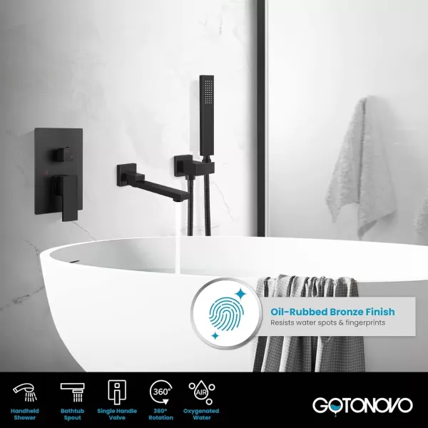 imagegotonovo Wall Mounted Bathtub Faucet with Hand Held Sprayer and Swivel Tub Filler Dual Functions Single Handle Bathroom Shower System Mixer for Tub RoughIn Valve Included Matte BlackOil Rubbed Bronze