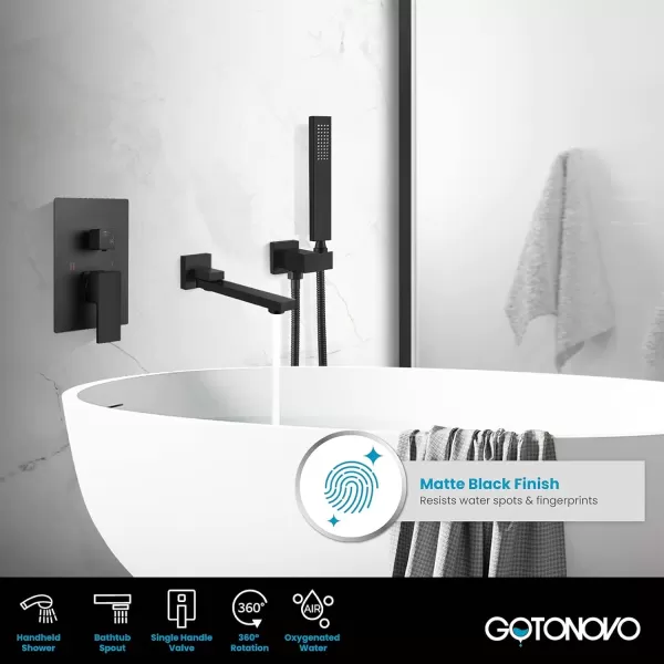 imagegotonovo Wall Mounted Bathtub Faucet with Hand Held Sprayer and Swivel Tub Filler Dual Functions Single Handle Bathroom Shower System Mixer for Tub RoughIn Valve Included Matte BlackMatte Black