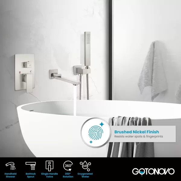 imagegotonovo Wall Mounted Bathtub Faucet with Hand Held Sprayer and Swivel Tub Filler Dual Functions Single Handle Bathroom Shower System Mixer for Tub RoughIn Valve Included Matte BlackBrushed Nickel
