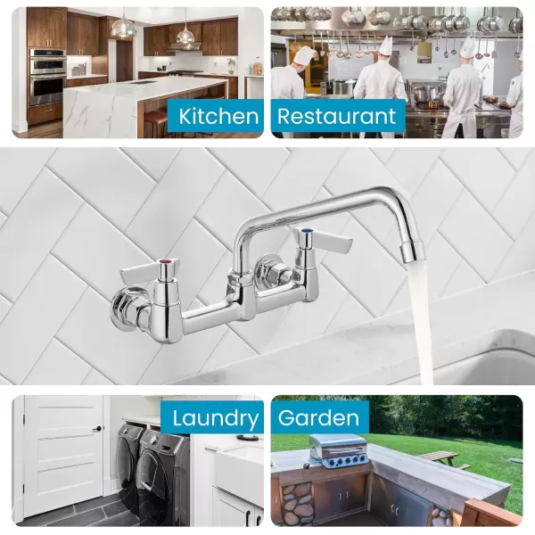 imagegotonovo Wall Mounted Kitchen Sink Faucet 8 Inch Center Commercial Kitchen Faucet with 9quot 360 Swivel Spout 2 Handles Restaurant Mixer Utility Tap Laundry Faucet with Adapters Matte BlackPolish Chrome