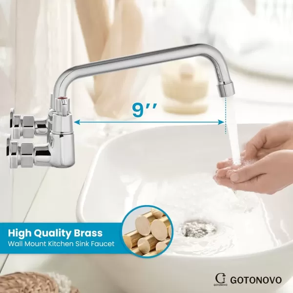 imagegotonovo Wall Mounted Kitchen Sink Faucet 8 Inch Center Commercial Kitchen Faucet with 9quot 360 Swivel Spout 2 Handles Restaurant Mixer Utility Tap Laundry Faucet with Adapters Matte BlackPolish Chrome