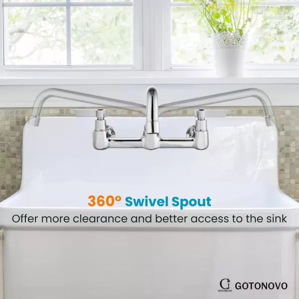 imagegotonovo Wall Mounted Kitchen Sink Faucet 8 Inch Center Commercial Kitchen Faucet with 9quot 360 Swivel Spout 2 Handles Restaurant Mixer Utility Tap Laundry Faucet with Adapters Matte BlackPolish Chrome
