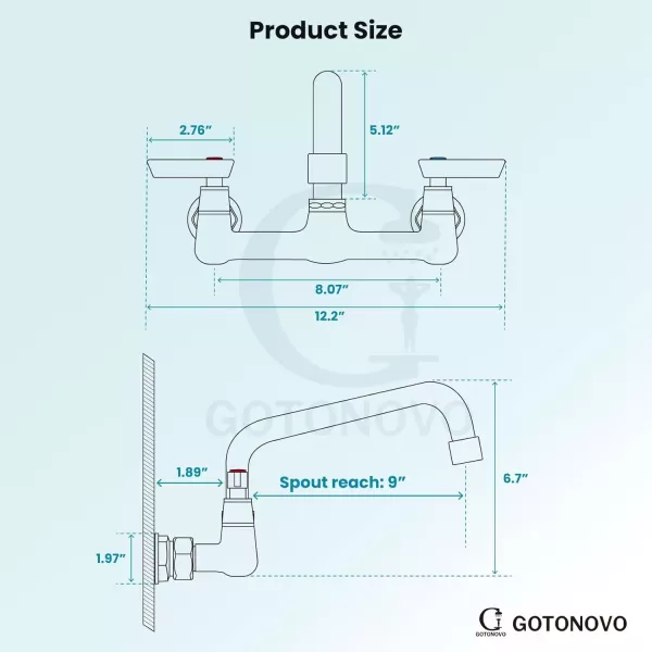 imagegotonovo Wall Mounted Kitchen Sink Faucet 8 Inch Center Commercial Kitchen Faucet with 9quot 360 Swivel Spout 2 Handles Restaurant Mixer Utility Tap Laundry Faucet with Adapters Matte BlackMatte Black