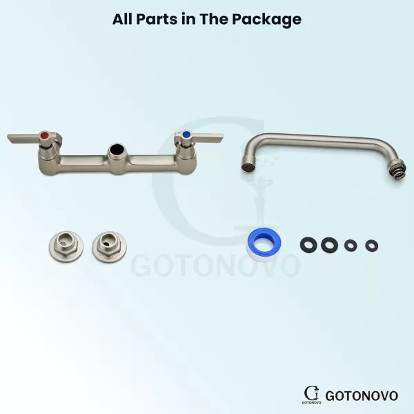 imagegotonovo Wall Mounted Kitchen Sink Faucet 8 Inch Center Commercial Kitchen Faucet with 9quot 360 Swivel Spout 2 Handles Restaurant Mixer Utility Tap Laundry Faucet with Adapters Matte BlackBrushed Nickel