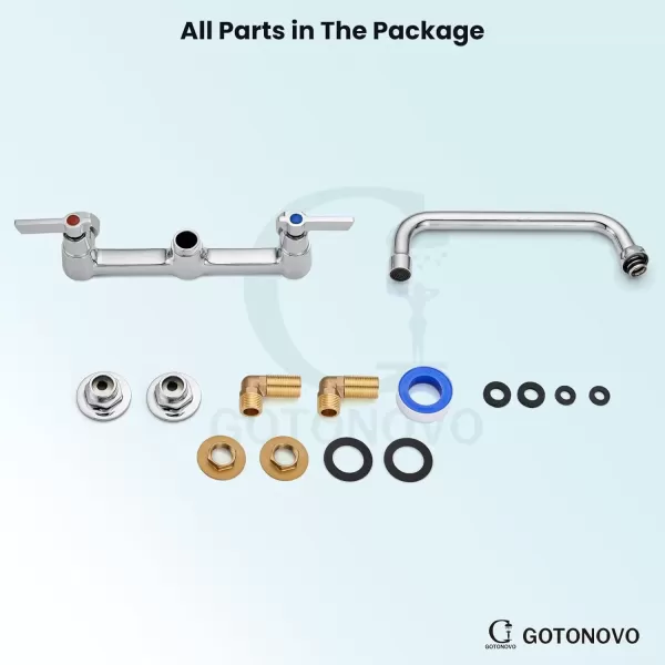 imagegotonovo Wall Mounted Kitchen Sink Faucet 8 Inch Center Commercial Kitchen Faucet with 9quot 360 Swivel Spout 2 Handles Restaurant Mixer Utility Tap Laundry Faucet with Adapters Matte BlackPolish Chrome
