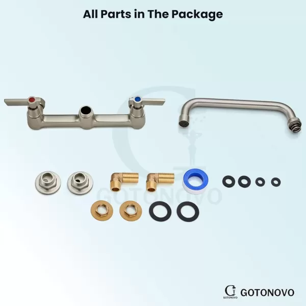 imagegotonovo Wall Mounted Kitchen Sink Faucet 8 Inch Center Commercial Kitchen Faucet with 9quot 360 Swivel Spout 2 Handles Restaurant Mixer Utility Tap Laundry Faucet with Adapters Matte BlackBrushed Nickel