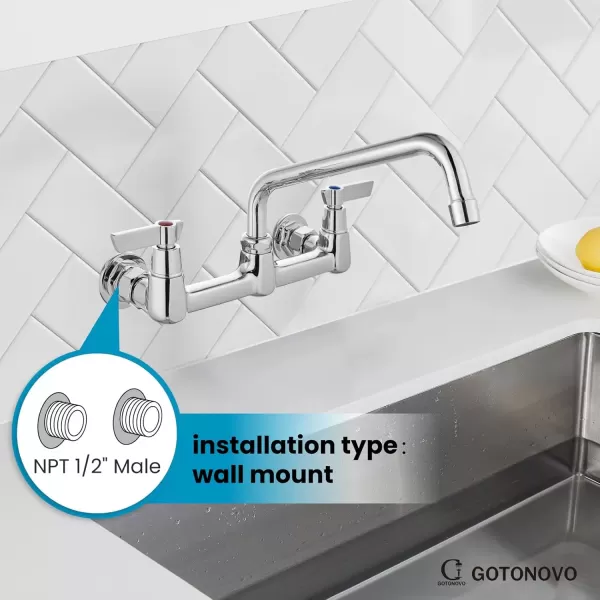 imagegotonovo Wall Mounted Kitchen Sink Faucet 8 Inch Center Commercial Kitchen Faucet with 9quot 360 Swivel Spout 2 Handles Restaurant Mixer Utility Tap Laundry Faucet with Adapters Matte BlackPolish Chrome