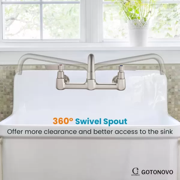 imagegotonovo Wall Mounted Kitchen Sink Faucet 8 Inch Center Commercial Kitchen Faucet with 9quot 360 Swivel Spout 2 Handles Restaurant Mixer Utility Tap Laundry Faucet with Adapters Matte BlackBrushed Nickel