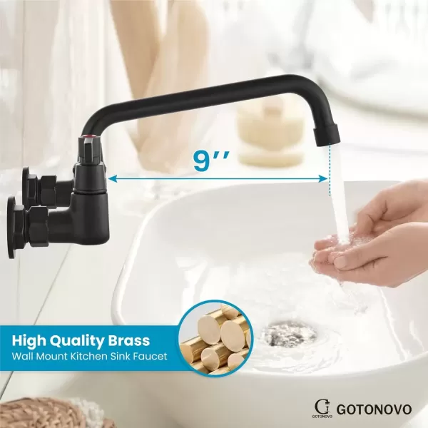 imagegotonovo Wall Mounted Kitchen Sink Faucet 8 Inch Center Commercial Kitchen Faucet with 9quot 360 Swivel Spout 2 Handles Restaurant Mixer Utility Tap Laundry Faucet with Adapters Matte BlackMatte Black