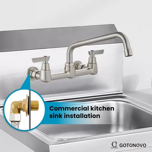 imagegotonovo Wall Mounted Kitchen Sink Faucet 8 Inch Center Commercial Kitchen Faucet with 9quot 360 Swivel Spout 2 Handles Restaurant Mixer Utility Tap Laundry Faucet with Adapters Matte BlackBrushed Nickel