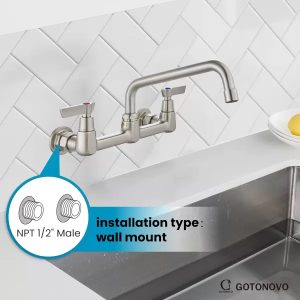 imagegotonovo Wall Mounted Kitchen Sink Faucet 8 Inch Center Commercial Kitchen Faucet with 9quot 360 Swivel Spout 2 Handles Restaurant Mixer Utility Tap Laundry Faucet with Adapters Matte BlackBrushed Nickel