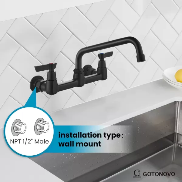 imagegotonovo Wall Mounted Kitchen Sink Faucet 8 Inch Center Commercial Kitchen Faucet with 9quot 360 Swivel Spout 2 Handles Restaurant Mixer Utility Tap Laundry Faucet with Adapters Matte BlackMatte Black