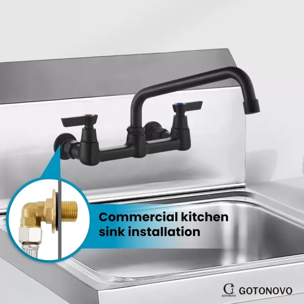 imagegotonovo Wall Mounted Kitchen Sink Faucet 8 Inch Center Commercial Kitchen Faucet with 9quot 360 Swivel Spout 2 Handles Restaurant Mixer Utility Tap Laundry Faucet with Adapters Matte BlackMatte Black