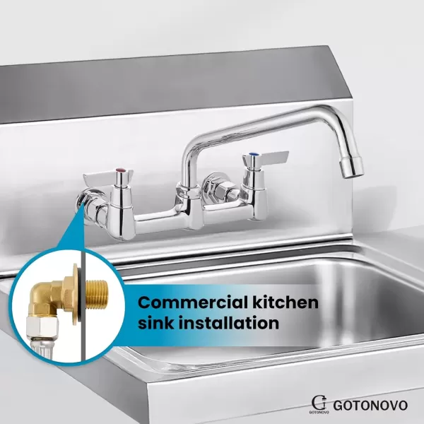 imagegotonovo Wall Mounted Kitchen Sink Faucet 8 Inch Center Commercial Kitchen Faucet with 9quot 360 Swivel Spout 2 Handles Restaurant Mixer Utility Tap Laundry Faucet with Adapters Matte BlackPolish Chrome