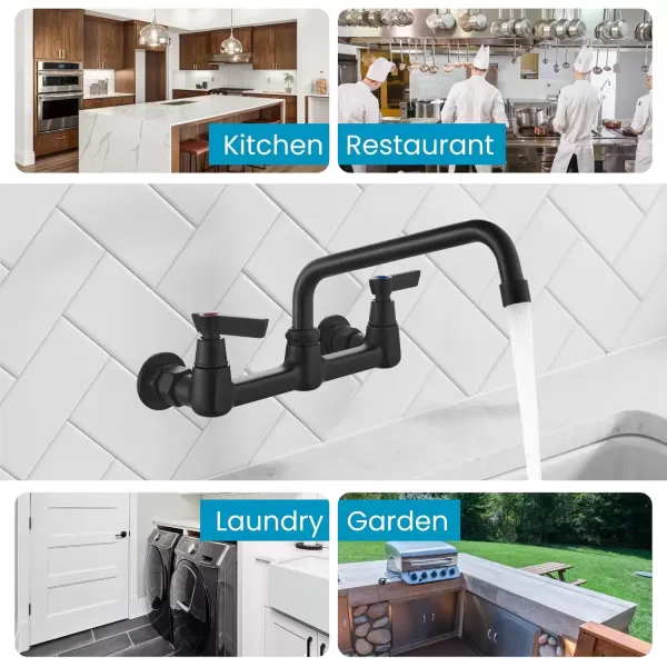 imagegotonovo Wall Mounted Kitchen Sink Faucet 8 Inch Center Commercial Kitchen Faucet with 9quot 360 Swivel Spout 2 Handles Restaurant Mixer Utility Tap Laundry Faucet with Adapters Matte BlackMatte Black