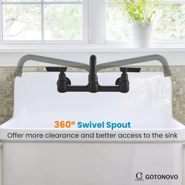 imagegotonovo Wall Mounted Kitchen Sink Faucet 8 Inch Center Commercial Kitchen Faucet with 9quot 360 Swivel Spout 2 Handles Restaurant Mixer Utility Tap Laundry Faucet with Adapters Matte BlackMatte Black