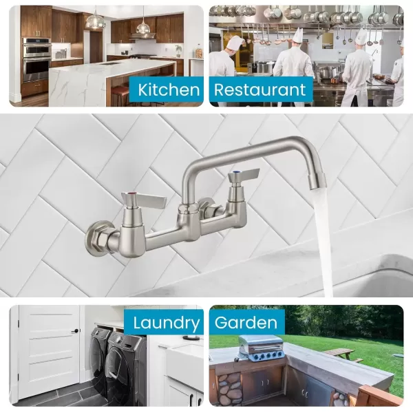 imagegotonovo Wall Mounted Kitchen Sink Faucet 8 Inch Center Commercial Kitchen Faucet with 9quot 360 Swivel Spout 2 Handles Restaurant Mixer Utility Tap Laundry Faucet with Adapters Matte BlackBrushed Nickel