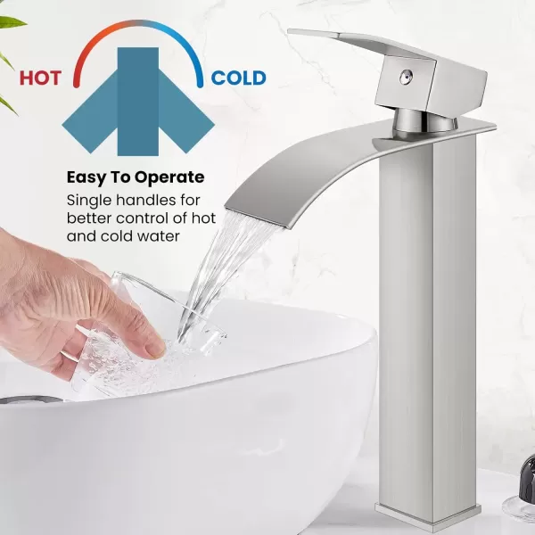 imagegotonovo Waterfall Tall Bathroom Faucet Single Handle Bathroom Faucets for Sink 1 Hole Stainless Steel Vessel Sink Faucet Modern Mixer Tap Wash Basin Faucet Without Pop Up Drain Oil Rubbed BronzeBrushed Nickel