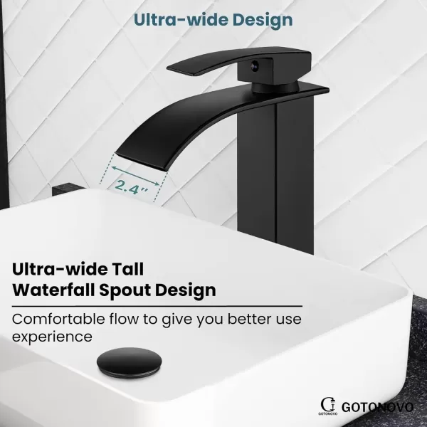 imagegotonovo Waterfall Tall Bathroom Faucet Single Handle Bathroom Faucets for Sink 1 Hole Stainless Steel Vessel Sink Faucet Modern Mixer Tap Wash Basin Faucet Without Pop Up Drain Oil Rubbed BronzeMatte Black
