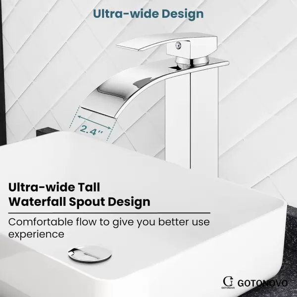 imagegotonovo Waterfall Tall Bathroom Faucet Single Handle Bathroom Faucets for Sink 1 Hole Stainless Steel Vessel Sink Faucet Modern Mixer Tap Wash Basin Faucet Without Pop Up Drain Oil Rubbed BronzePolish Chrome