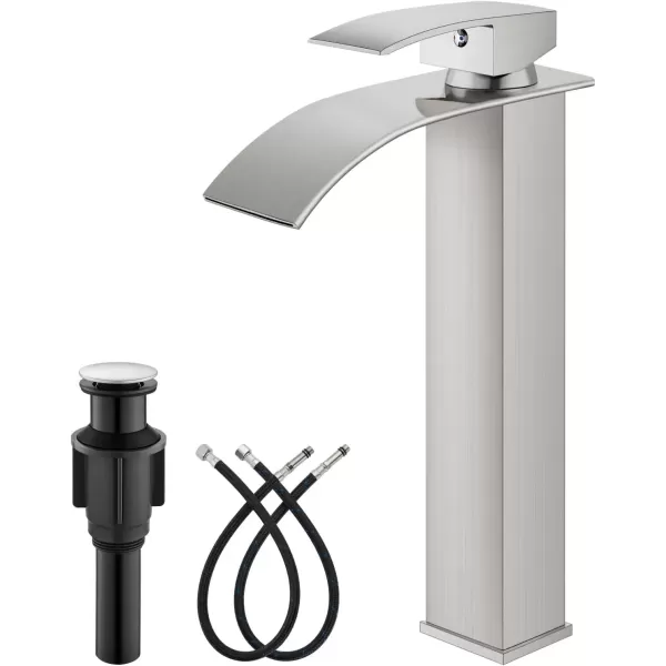 imagegotonovo Waterfall Tall Bathroom Faucet Single Handle Bathroom Faucets for Sink 1 Hole Stainless Steel Vessel Sink Faucet Modern Mixer Tap Wash Basin Faucet Without Pop Up Drain Oil Rubbed BronzeBrushed Nickel