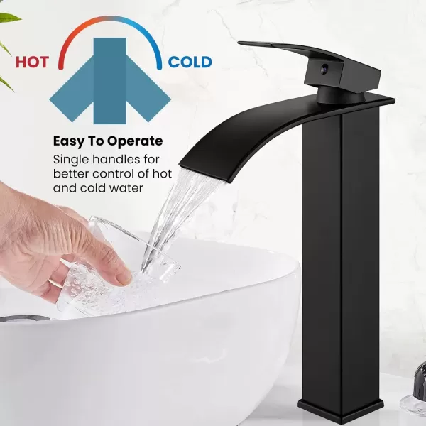 imagegotonovo Waterfall Tall Bathroom Faucet Single Handle Bathroom Faucets for Sink 1 Hole Stainless Steel Vessel Sink Faucet Modern Mixer Tap Wash Basin Faucet Without Pop Up Drain Oil Rubbed BronzeMatte Black