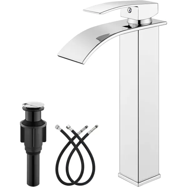 imagegotonovo Waterfall Tall Bathroom Faucet Single Handle Bathroom Faucets for Sink 1 Hole Stainless Steel Vessel Sink Faucet Modern Mixer Tap Wash Basin Faucet Without Pop Up Drain Oil Rubbed BronzePolish Chrome