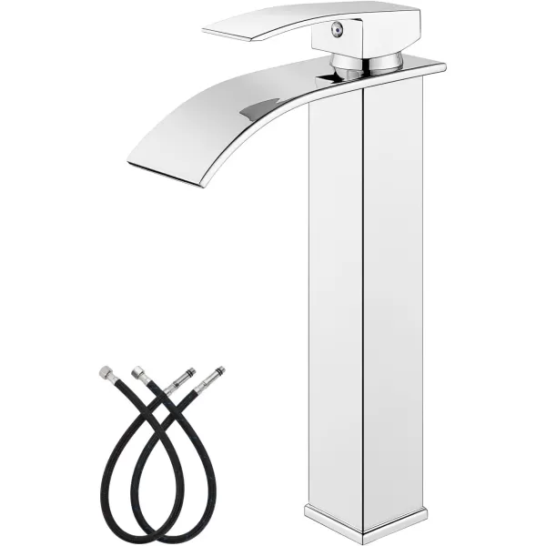 imagegotonovo Waterfall Tall Bathroom Faucet Single Handle Bathroom Faucets for Sink 1 Hole Stainless Steel Vessel Sink Faucet Modern Mixer Tap Wash Basin Faucet Without Pop Up Drain Oil Rubbed BronzePolish Chrome