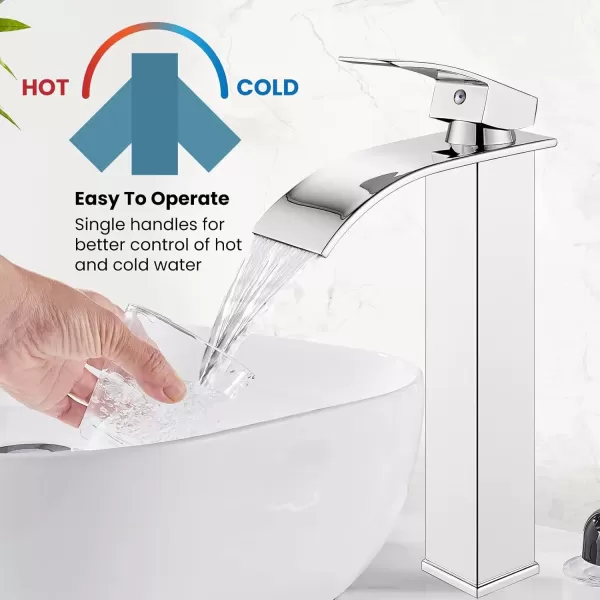 imagegotonovo Waterfall Tall Bathroom Faucet Single Handle Bathroom Faucets for Sink 1 Hole Stainless Steel Vessel Sink Faucet Modern Mixer Tap Wash Basin Faucet Without Pop Up Drain Oil Rubbed BronzePolish Chrome